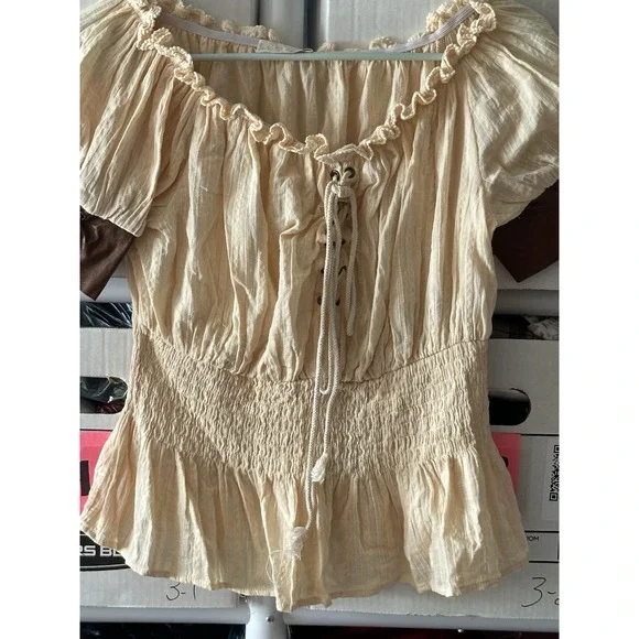 Women’s Cream Peasant Blouse with Brown Sleeve Accents - Picture 3 of 8